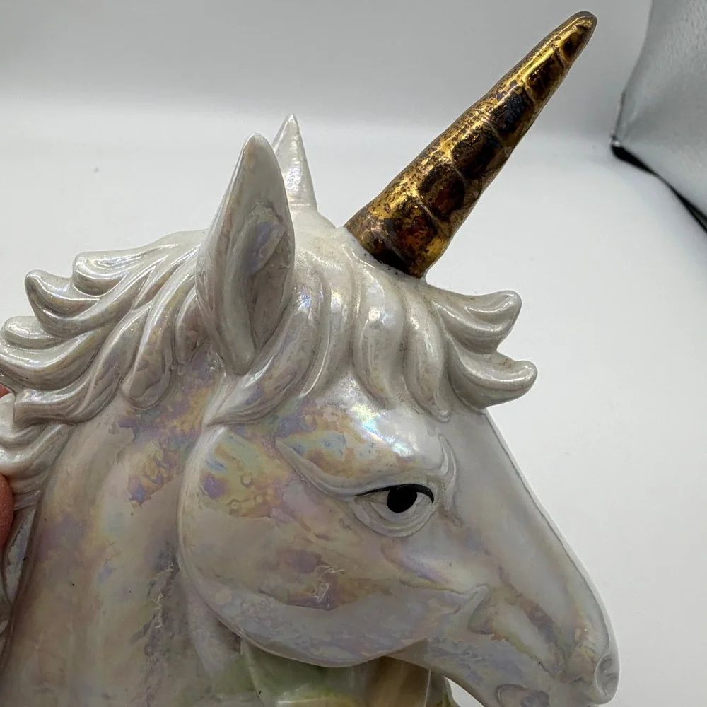VTG Iridescent Ceramic Unicorn‎ Head Bust Gold Horn Pastel Floral Figurine